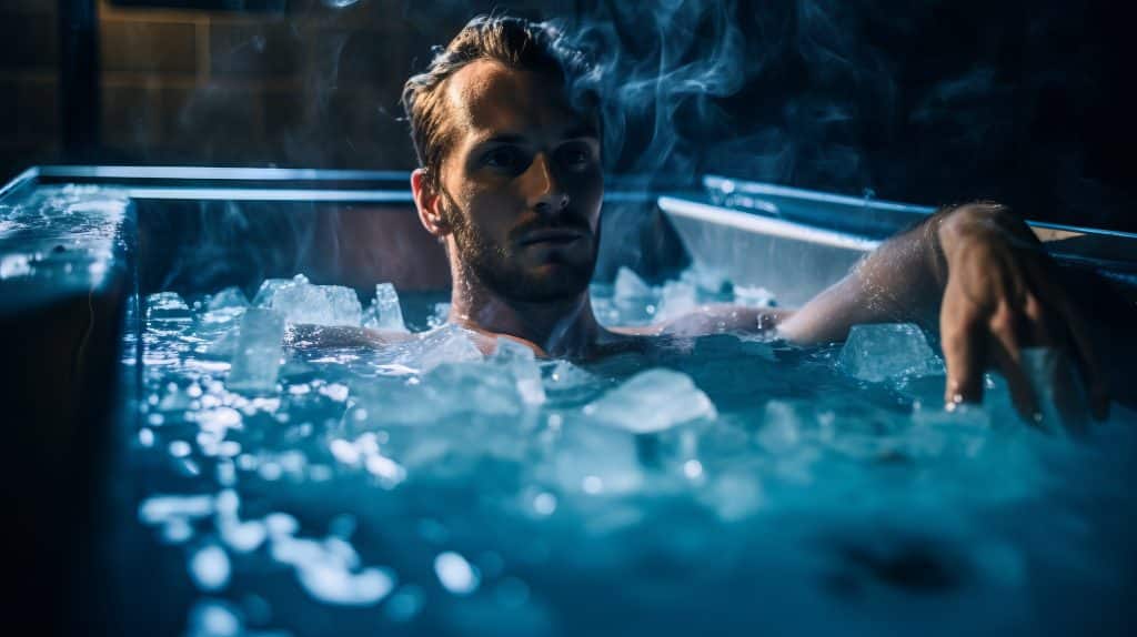 A handsome young man is lying in an ice bath in a spa salon. Health, water therapy, tempering concepts
