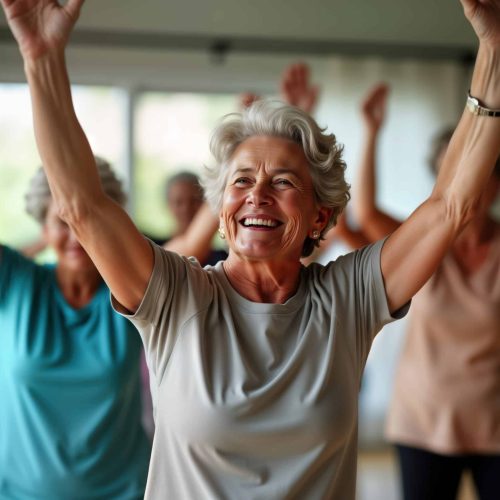 Active seniors enjoy fitness class. Elderly people exercise together. Joyful, celebrate life. Group physical exercise promotes community, wellness in retirement. Seniors fun happy. In fitness center